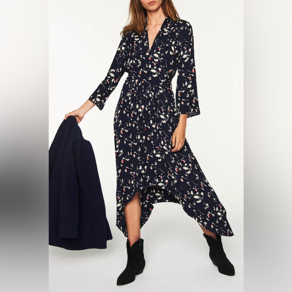 ba&sh Silia Navy White Floral V-Neck 3/4 Sleeve Asymmetrical Hem Midi Dress